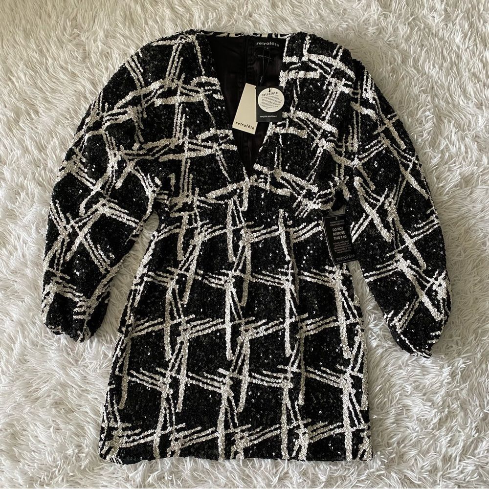 NWT Retrofete Aubrielle Black and White Sequins Long Sleeve Mini Dress Size S - Picture 9 of 11